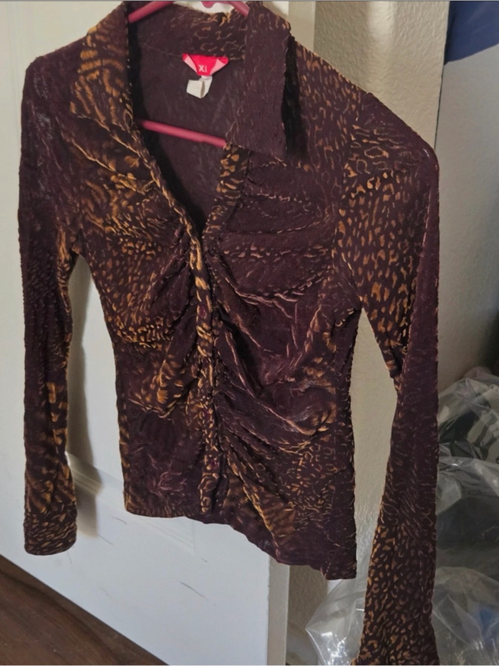 Women's Long-Sleeve Ruched Animal Print Top in Brown
